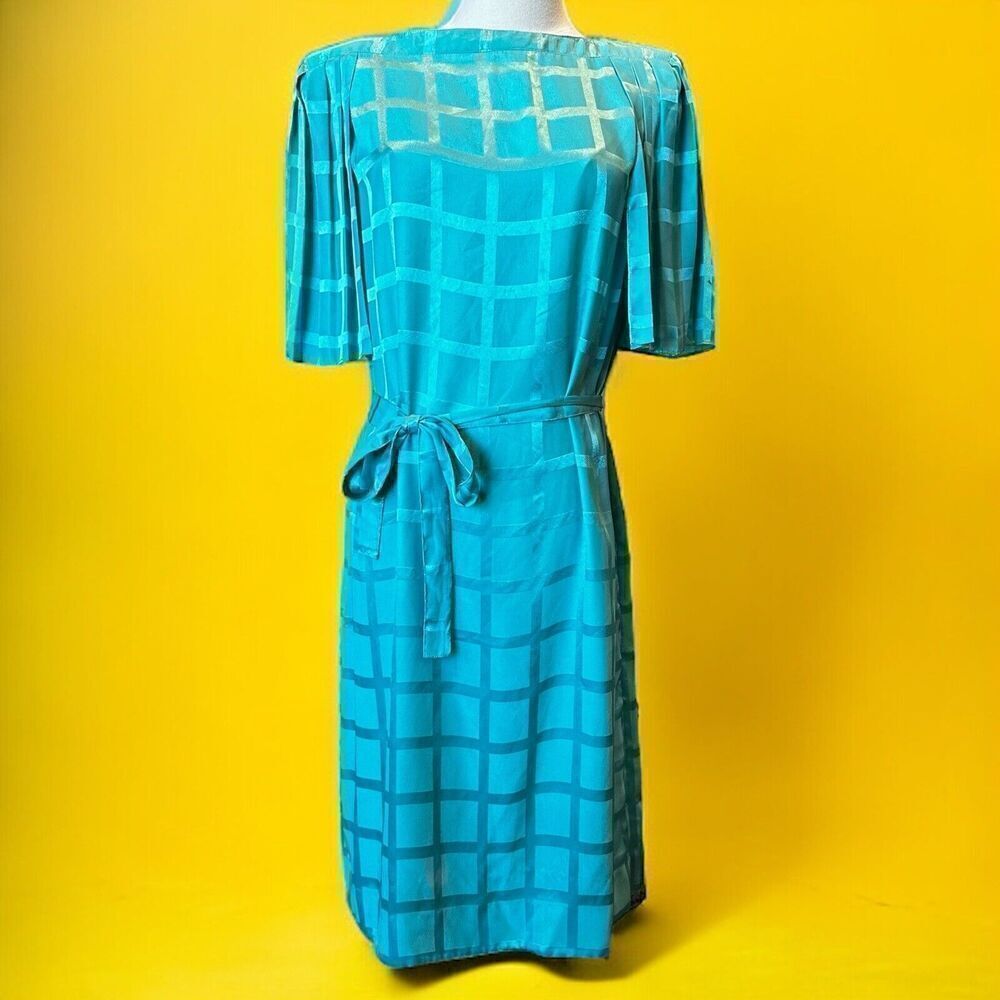 Vintage Teal Blue Windowpane Satin Midi Dress Pleated Flutter Sleeve Belted M